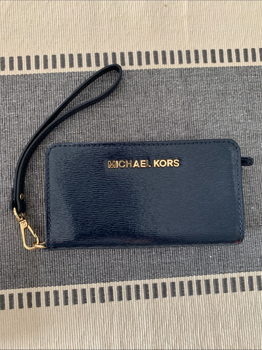 Vintage {Michael Kors} Navy Patent Wristlet with Gold Logo